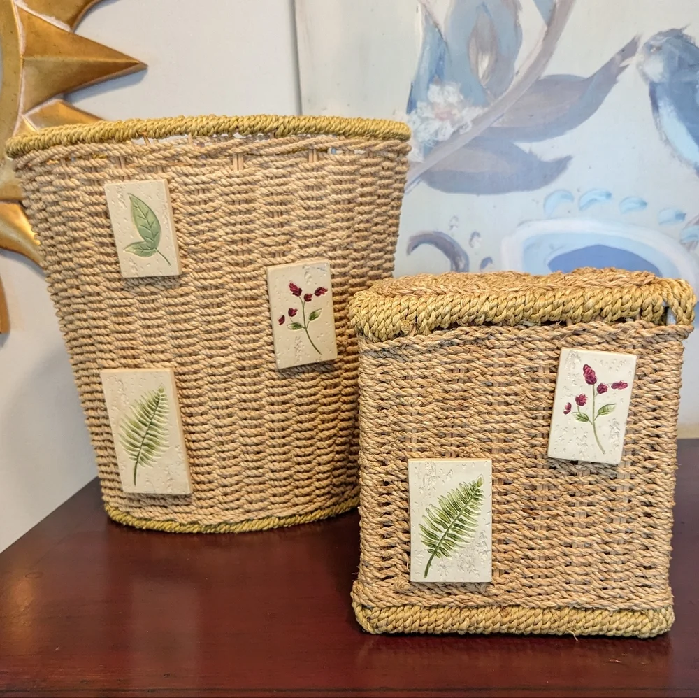 Woven Wicker Trash Can & Tall Tissue Box Cover Bohemian EUC Floral Tiles 2 Pcs